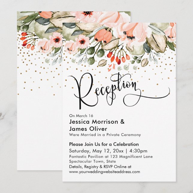 Blush Floral Imitate Gold Confetti Hochzeitsempfan Einladung (Vorne/Hinten)