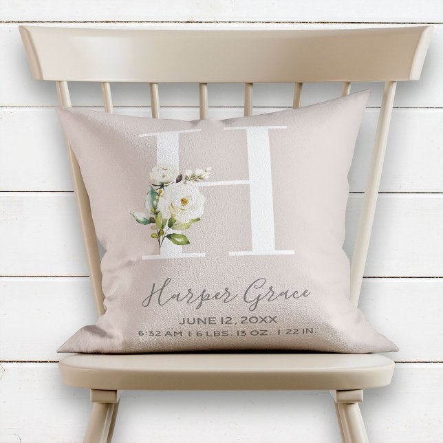 Blush Floral Letter H Monogram Baby Birth Stats Kissen (Von Creator hochgeladen)