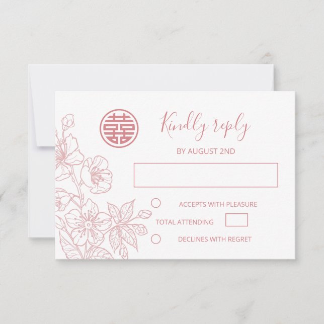 Blush Floral Line Art Chinese Wedding RSVP Karte (Vorderseite)