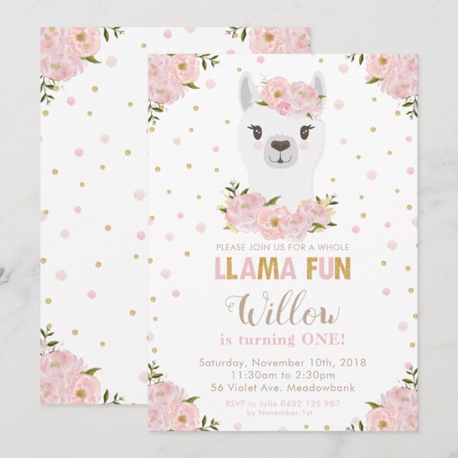 Blush Floral Llama Birthday Einladung (Vorne/Hinten)