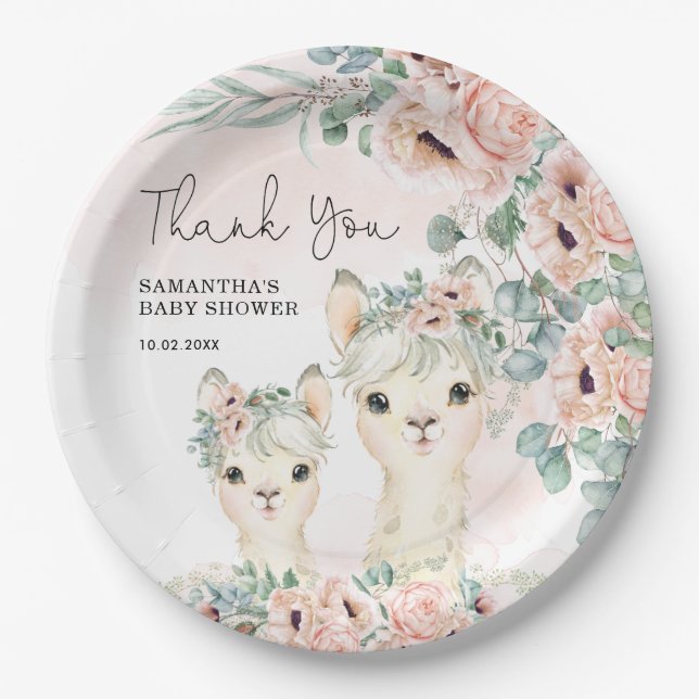 Blush Floral Llama Mama Eucalyptus Baby Showroom Pappteller (Vorderseite)
