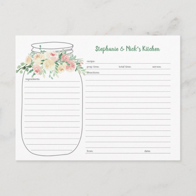 Blush Floral Mason Jar Newlysée Recette Cartes (Devant)