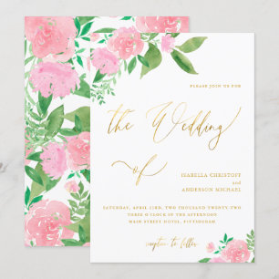 Blush Floral mit Imitaten Goldkalligrafie Hochzeit Einladung