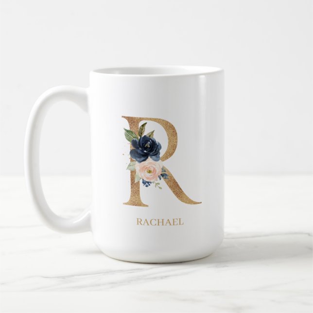 Blush-Floral Monogram Letter "R" Personalisiert Kaffeetasse (Links)