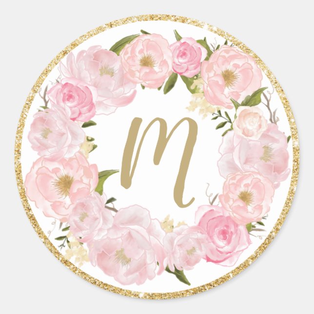 Blush Floral Name Erstmalige Gefälligkeitskennzeic Runder Aufkleber (Vorderseite)