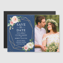 Blush Floral Navy Blue Foto Speichern Sie das Date Magnetkarte