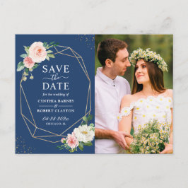 Blush Floral Navy Blue Geframe Save the Date Postkarte