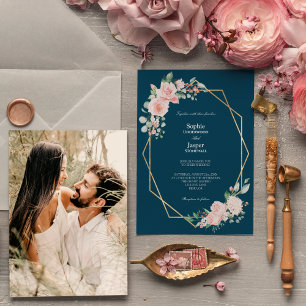 Blush Floral Navy Einfaches Foto Hochzeit Einladun Einladung