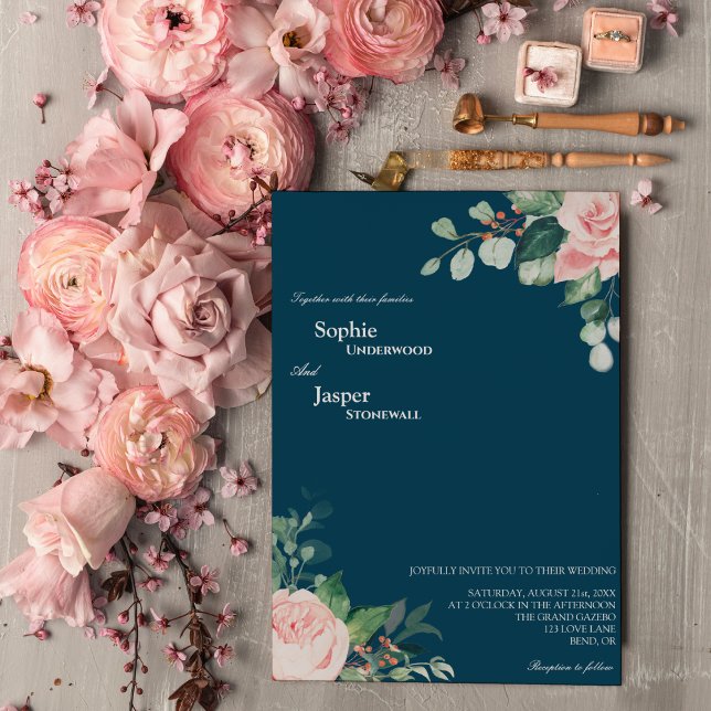 Blush Floral Navy Faire-part de mariage (Créateur téléchargé)