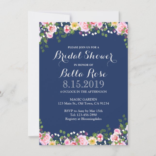 Blush Floral Navy Fête des mariées bleu Invitation (Devant)