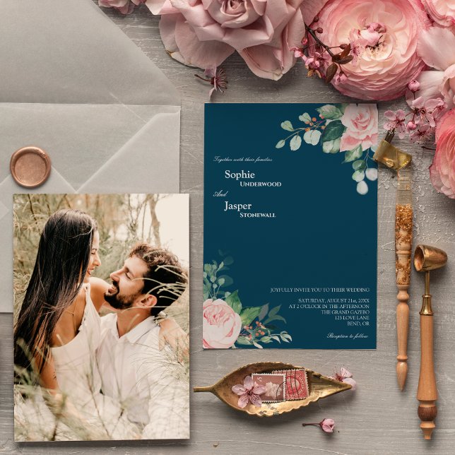 Blush Floral Navy Foto Einladung Hochzeit (Von Creator hochgeladen)