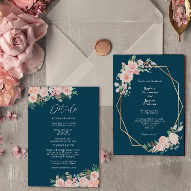 Blush Floral Navy ganz einfach in einer Hochzeit Einladung (Von Creator hochgeladen)