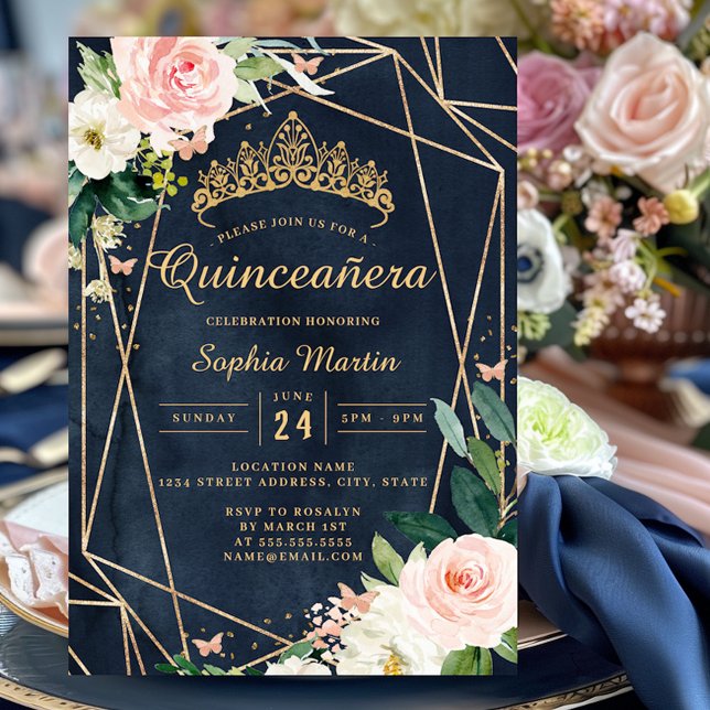 Blush Floral Navy Geometric Butterfly Quinceanera Einladung (Von Creator hochgeladen)