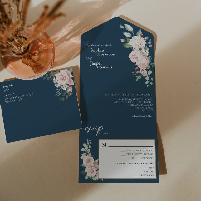 Blush Floral Navy Hochzeit alle in einer Einladung (Von Creator hochgeladen)