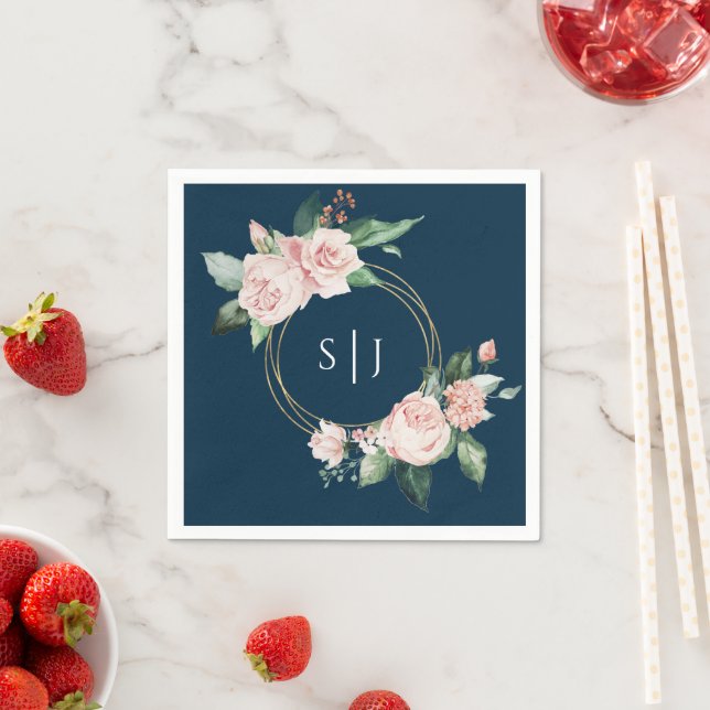 Blush Floral Navy Hochzeit Monogram Napkins Serviette (Beispiel)