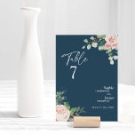 Blush Floral Navy Hochzeitskarte Tischnummer<br><div class="desc">Das Design der Hochzeitskarte der blühenden Tischnummer mit blühenden Blumen und blühenden Marineblau mit einem schicken klassischen Hintergrund aus Pastellrosa und Marineblau mit schlichter moderner Typografie und eleganter Kalligraphie verleiht dem Set einen eleganten Ton für jeden Veranstaltungsstil. Jedes Produkt ist mit wunderschönen, rosa Rosen mit üppigen Rosen und pfirsichfarbenen und...</div>
