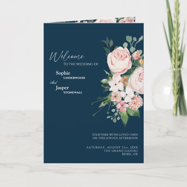 Blush Floral Navy Hochzeitsprogramm Programm (Vorderseite)