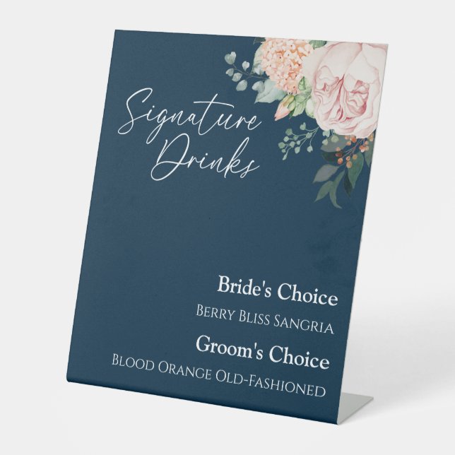 Blush Floral Navy Hochzeitssignatur Drinks signier Sockelschild (Vorderseite)