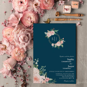Blush Floral Navy Monogram Weditation Einladung