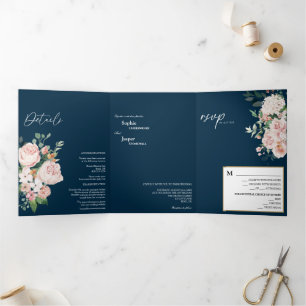 Blush Floral Navy Tri-Fold Hochzeit Einladung