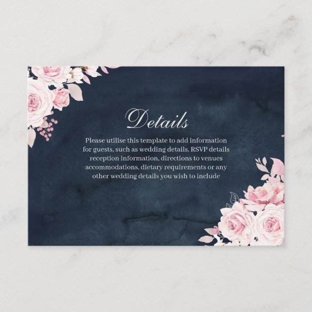 Blush Floral Navy Wasserfarbe Hochzeitsdetails Begleitkarte (Vorderseite)