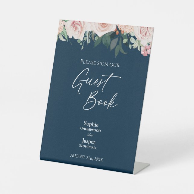 Blush Floral Navy Wedding Guest Book Sign Sockelschild (Vorderseite)
