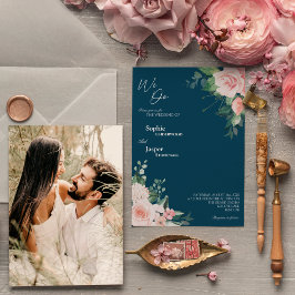 Blush Floral Navy Wir machen Foto Hochzeit Einladu Einladung