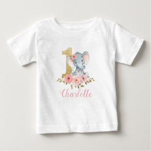 Blush Floral Niedlich Baby Elephant 1. Geburtstag  Baby T-shirt
