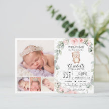 Blush Floral Owl New Baby Foto Geburtserklärung