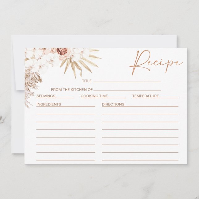 Blush Floral Pampas Palm Brautparty Rezept Karte (Vorderseite)
