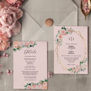 Blush Floral Pink Einfache Details Monogramm Hochz Einladung