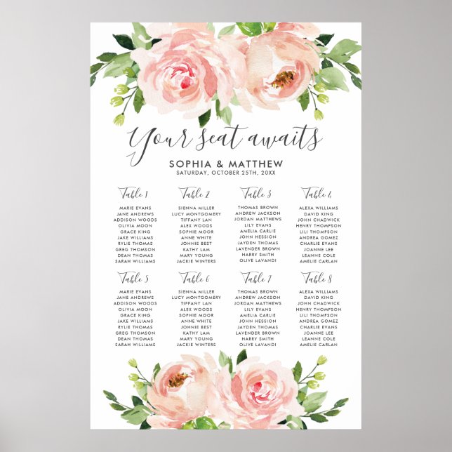 Blush Floral  Pink Flowers Wedding Seating Chart Poster (Vorne)