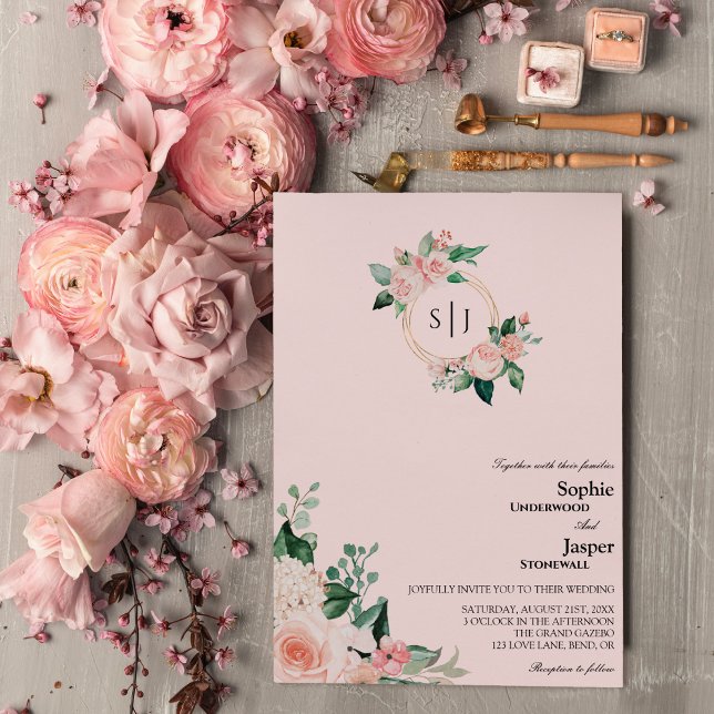 Blush Floral Pink Monogram Weditation Einladung (Von Creator hochgeladen)