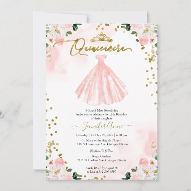 Blush Floral Quinceanera Einladung Bilingual (Vorderseite)