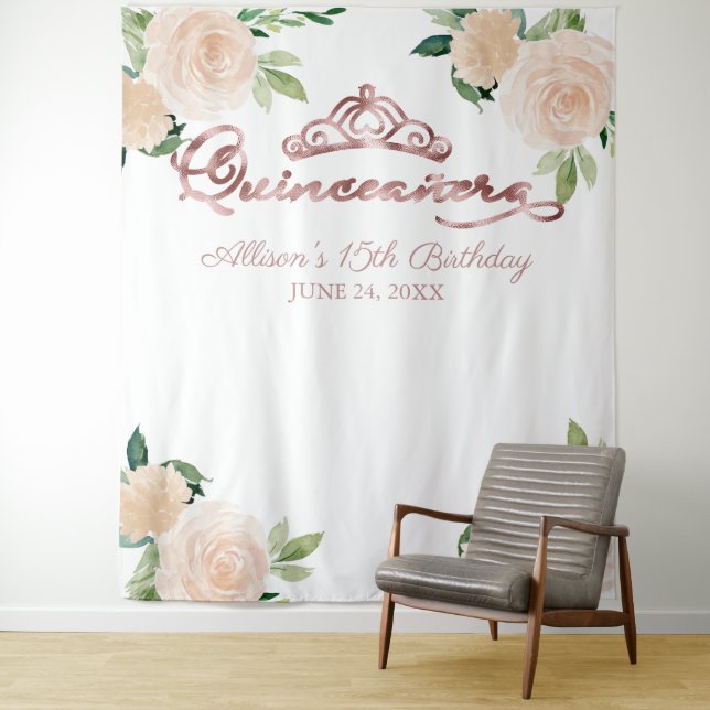 Blush Floral Quinceanera Hintergrund Wandteppich (Beispiel)