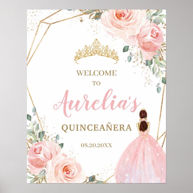 Blush Floral Quinceañera Mis Quince Willkommen Poster (Vorne)