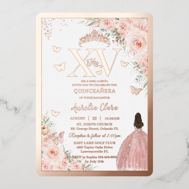 Blush Floral Quinceañera Quince 15 XV Rose Gold Folieneinladung (Vorderseite)