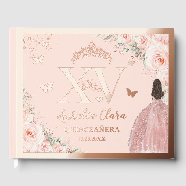 Blush Floral Quinceañera Quince 15 XV Rose Gold Gästebuch (Vorderseite)