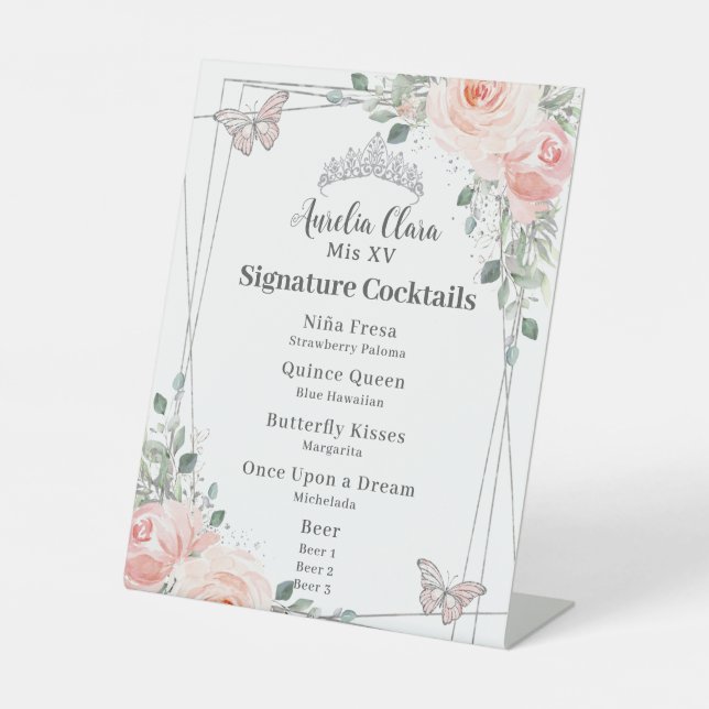 Blush Floral Quinceañera Sweet 16 Cocktails Menü Sockelschild (Vorderseite)