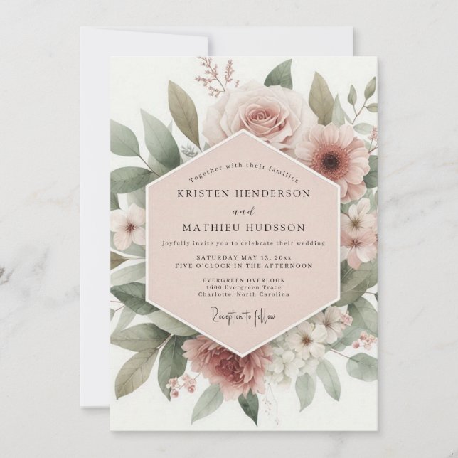 Blush Floral Romance Wedding Einladung (Vorderseite)