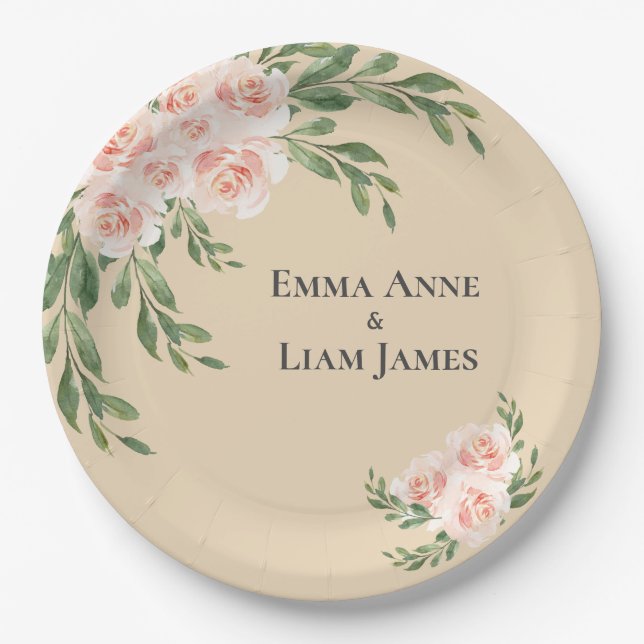 Blush Floral Romantische Elegante Skriptgrün Pappteller (Vorderseite)