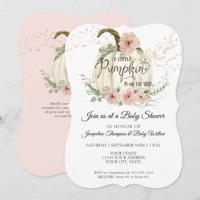 Blush Floral Rose Fall White Pumpkin Baby Dusche Einladung (Vorne/Hinten)