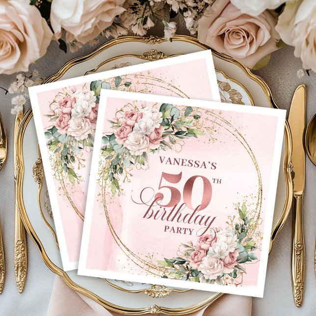 Blush Floral Rose Gold 50th Birthday Beverage   Serviette (Blush Floral Rose Gold 50th Birthday Beverage Napkins)