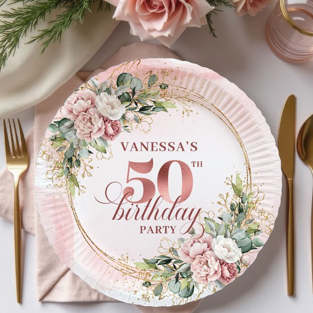 Blush Floral Rose Gold 50th Birthday Party Plates Pappteller (Blush Floral Rose Gold 50th Birthday Party Plates)