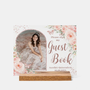 Blush Floral Rose Gold Quinceanera 16 Gästebuch Acrylschild