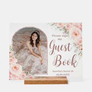 Blush Floral Rose Gold Quinceanera 16 Gästebuch Acrylschild