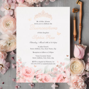 Blush Floral Rosen Gold Butterfly Quinceanera Folieneinladung