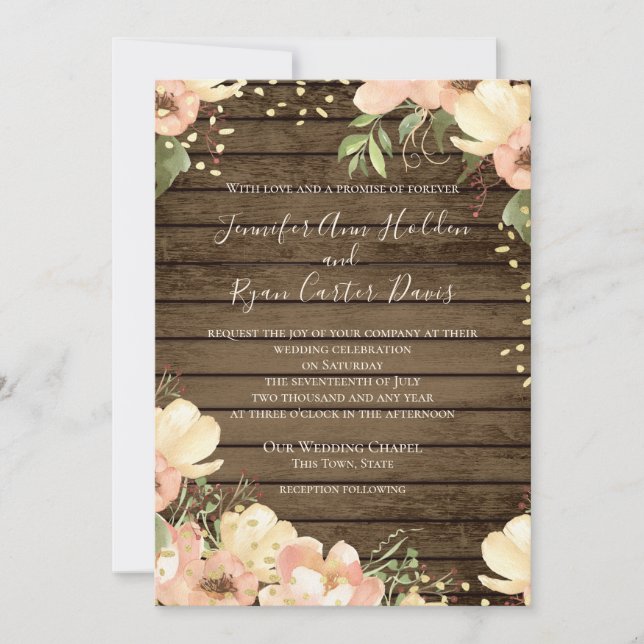 Blush Floral Rustic Wood Watercolor Wedding Einladung (Vorderseite)