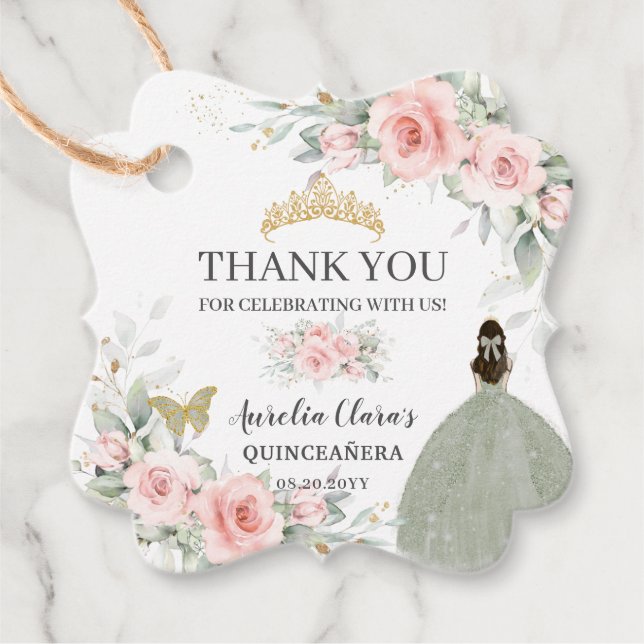 Blush Floral Sage Green Gold Quinceanera Sweet 16 Geschenkanhänger (Vorderseite)