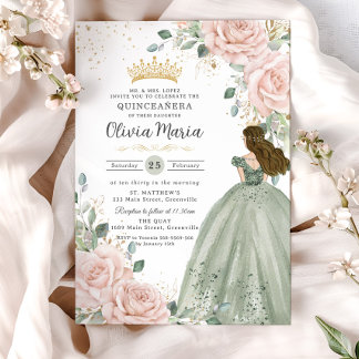 Blush Floral Sage Green Princess Gown Quinceañera Einladung